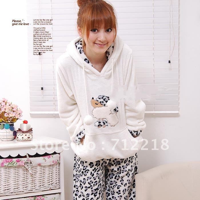 Thickening coral fleece sleepwear female autumn and winter cartoon with a hood princess white set lounge leopard print