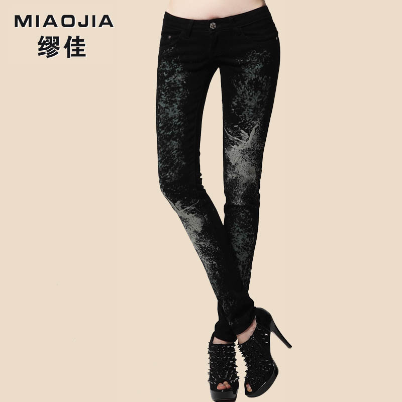 Thickening jeans female high quality pants water ballet pattern knitted denim trousers female