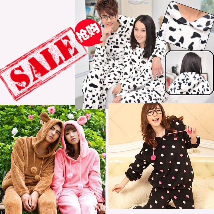 Thickening lengthen coral fleece cartoon animal split with a hood sleepwear lovers of men and women sleepwear