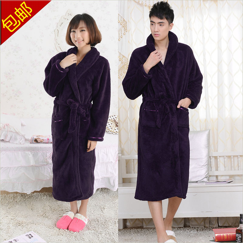 Thickening lengthen coral fleece wincey Deep purple noble lovers robe bathrobes thermal ,Free shipping