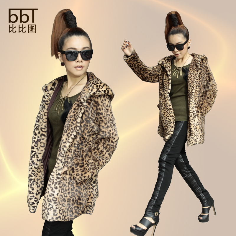 Thickening leopard print outerwear female winter medium-long faux leopard print with a hood