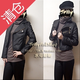 Thickening plus cotton slim waist leather clothing fashion black motorcycle leather clothing outerwear jacket