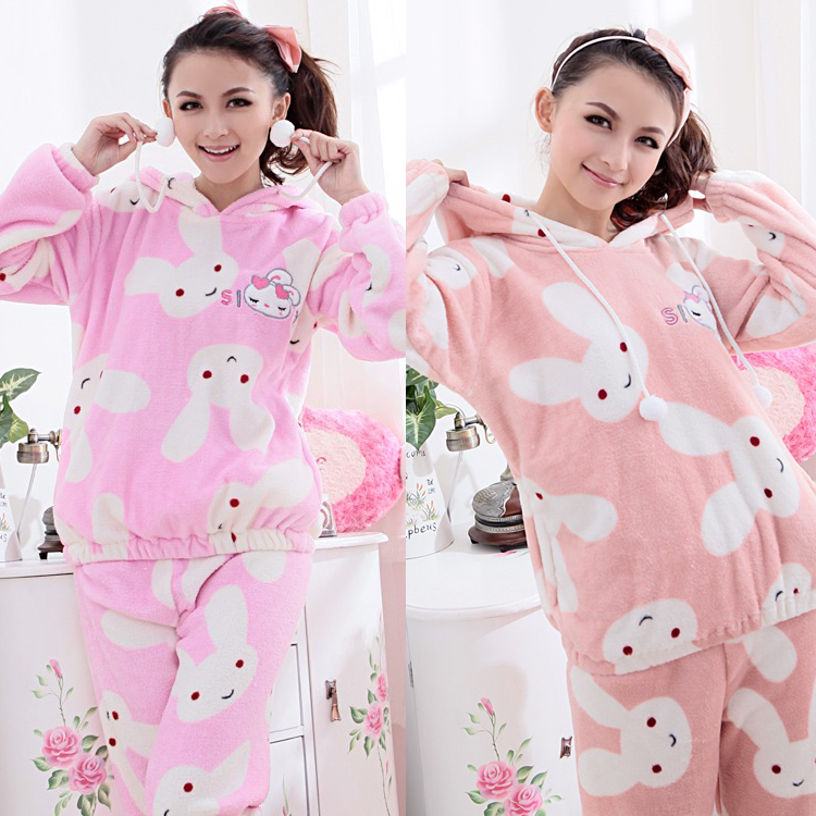 Thickening rabbit female autumn and winter coral fleece set 2012 princess with a hood sleepwear lounge