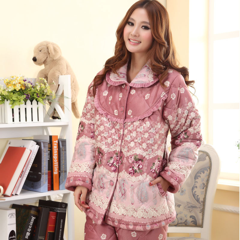 Thickening sleepwear women's winter long-sleeve coral fleece cotton-padded thermal lounge set