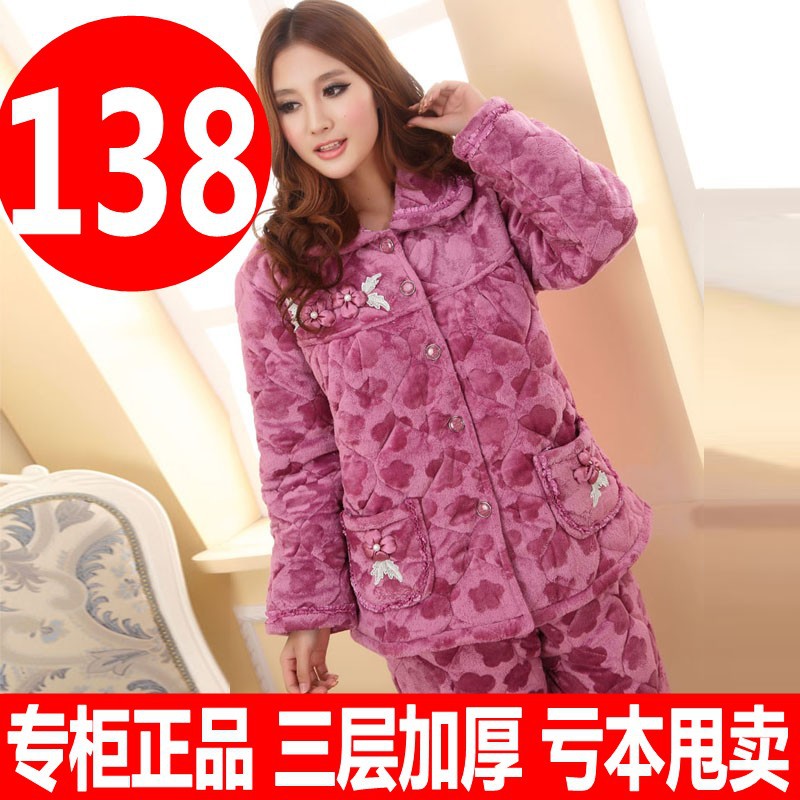 Thickening sleepwear Women winter long-sleeve 100% cotton coral fleece sleep set cotton-padded lounge