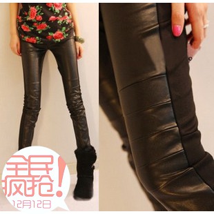 Thickening thermal patchwork pencil pants fashion leather legging female plus size winter faux leather long trousers