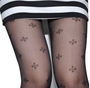 Thin jacquard mesh large clover silk jacquard pantyhose black