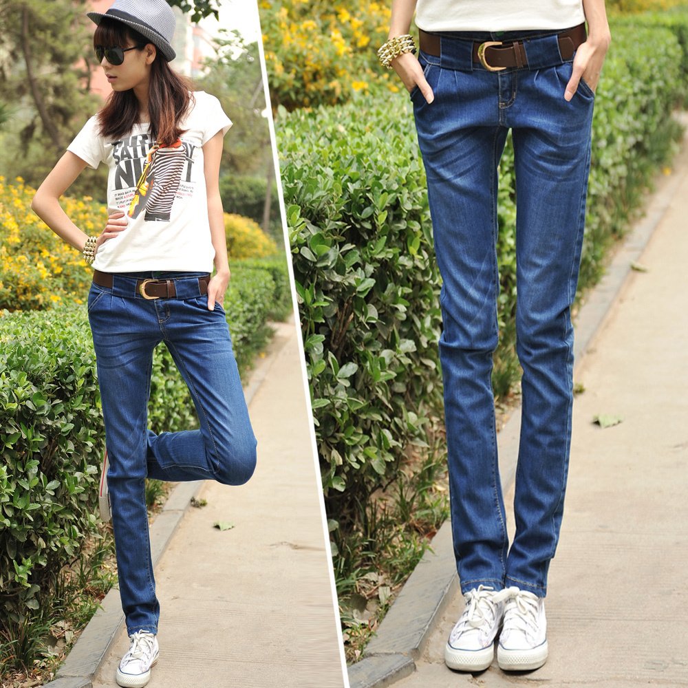 Thin jeans trousers female skinny pants elastic plus size pencil pants tights with belt