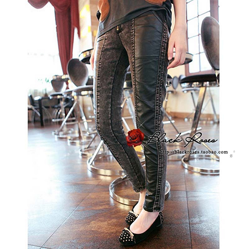 Thin PU patchwork jeans sexy female all-match personality skinny pants leather pants