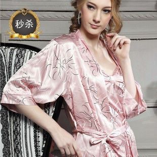 Thin short-sleeve luxury elegant faux silk sleepwear spaghetti strap robe twinset sexy female temptation set