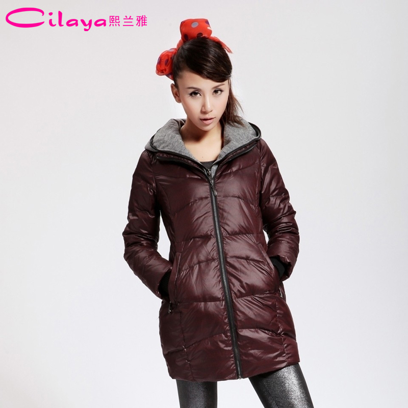 Thin thin check double layer with a hood long design down coat female 11717