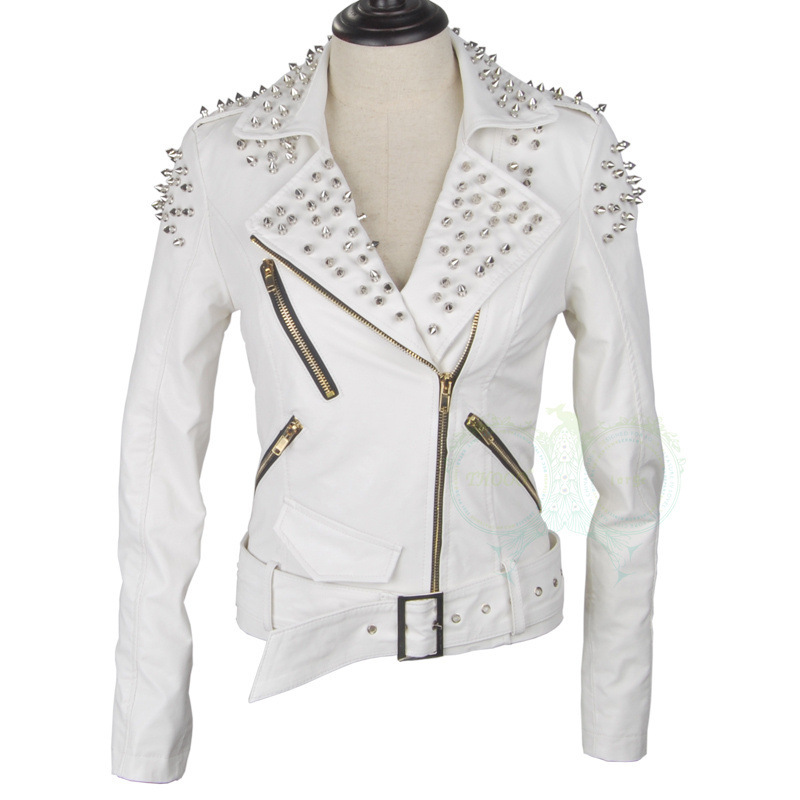 THOOO brand Women Punk Strong Spike Studded Shoulder Synthetic Leather Cropped Jacket Coat Motorcycle white Leather coat