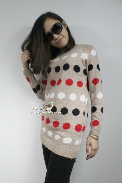 Three-color dot polka dot stripe rabbit hair long design simple sweater Women knitted basic shirt