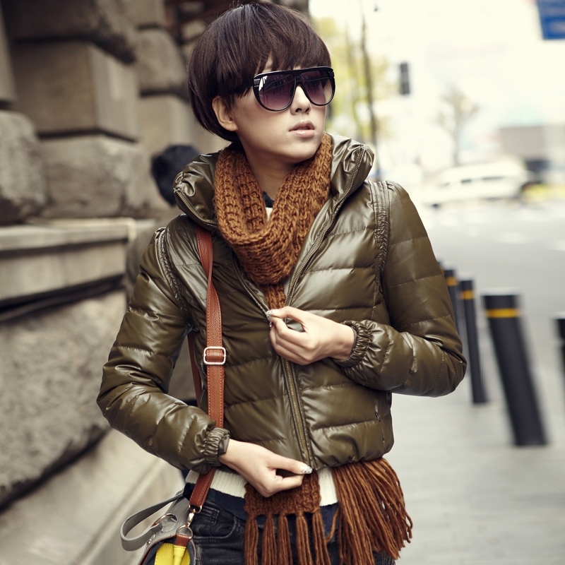 Three-color leather down coat women short design slim stand collar outerwear 11g4217