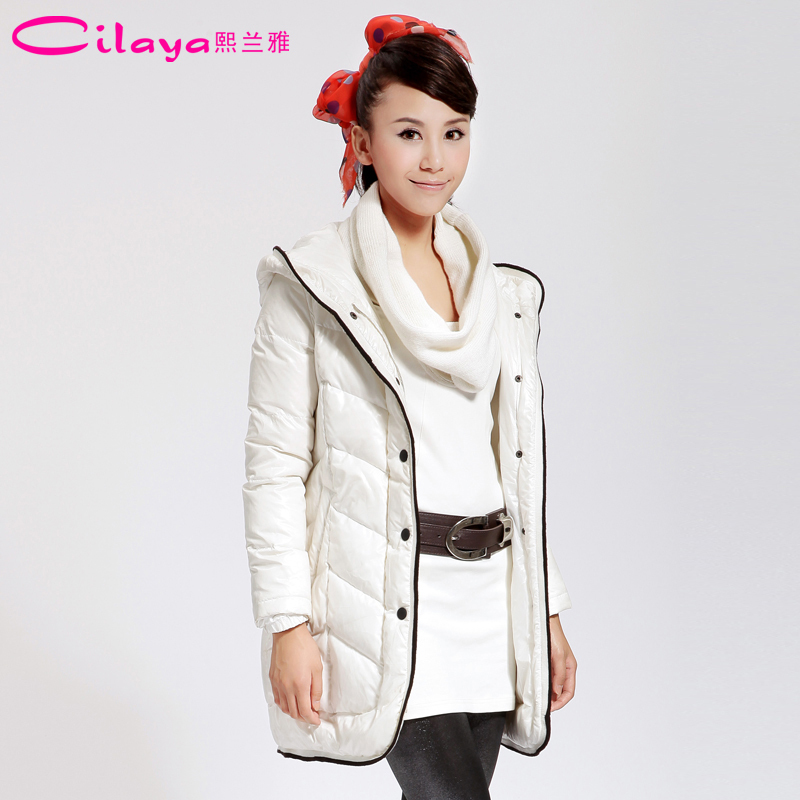 Three-color obliquely check pocket long design thin down coat female 11716