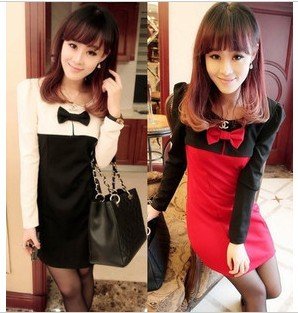 Three Colors 2012 Winter Autumn Women Korean Color-Block Bowtie Mini A-Line Long Sleeve Dress