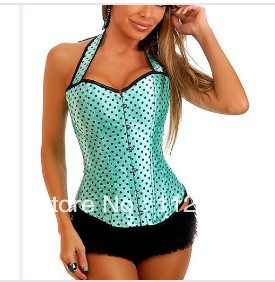 Three colors Green/pink/Brown lace up boned corset busiter with dots and strap+G-string S-2XL M0199