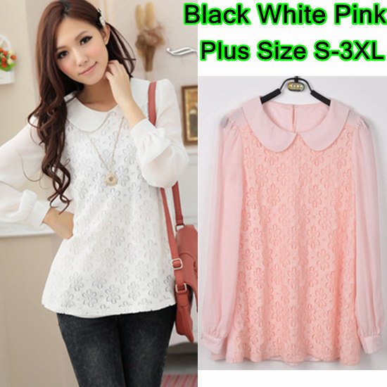 Three Colours Lady Plus Size Peter Pan Collar Cute Flower Lace Patchworked Chiffon Princess Shirts Fashion Loose Blouses S-3XL