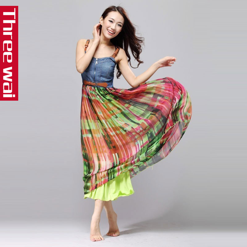 Threewai female denim silk patchwork leather spaghetti strap full dress expansion skirt