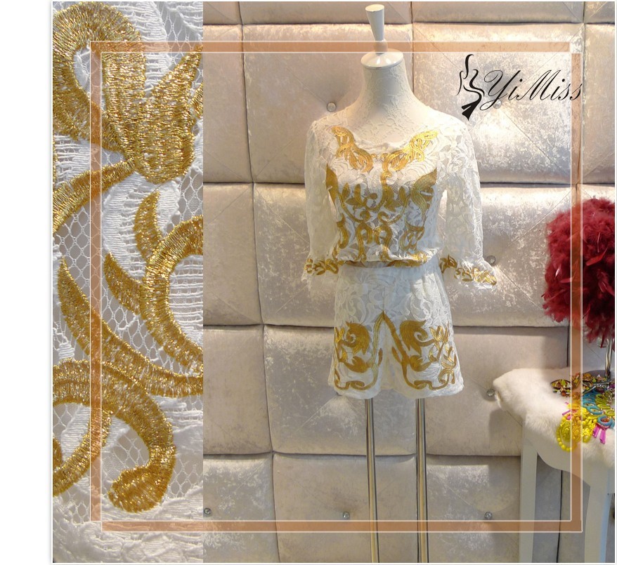 Tick flowers all hollow out gold embroidery lace horn sleeve jumpsuit