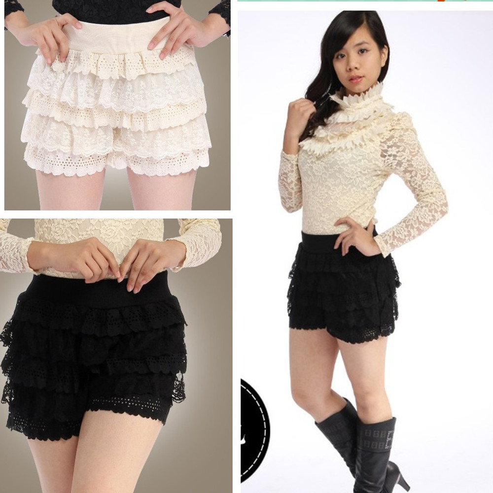 Tiered Girdle Waistband Lace Flower Knit Crochet Mini Shorts Pants Black Beige