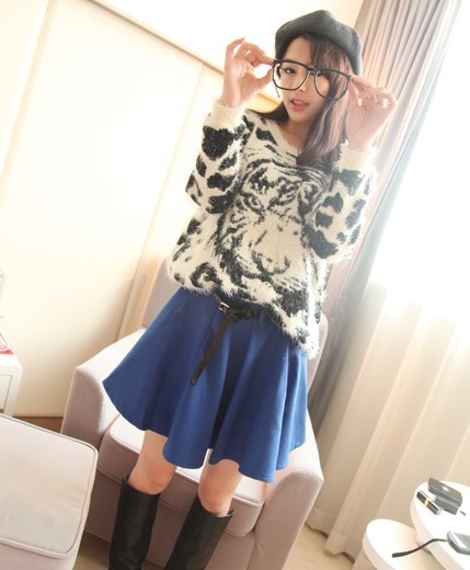 Tiger head o-neck loose casual pullover mohair sweater