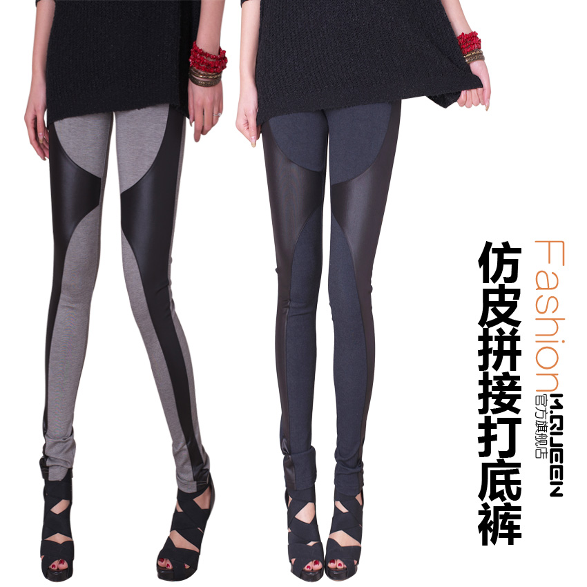 tights women spring cool fashion faux leather patchwork elastic legging trousers female