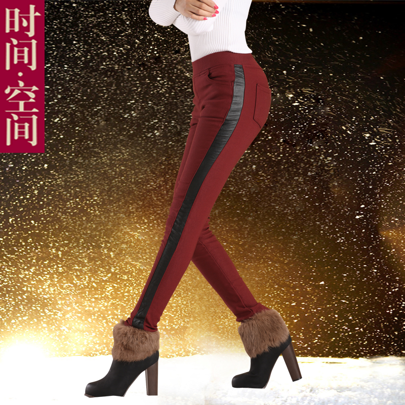 Time 2012 mm plus size clothing patchwork leather legging plus velvet thickening basic trousers