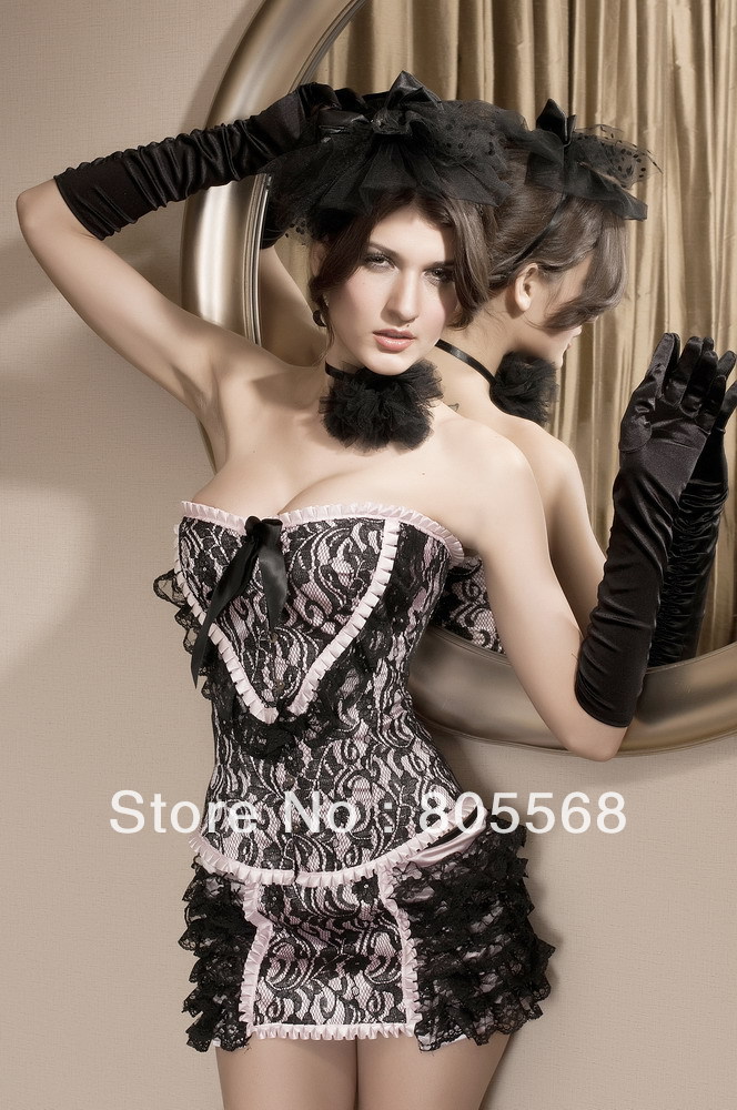 Timeless Trends Satin Corset With G-string+Skirt-BLACK