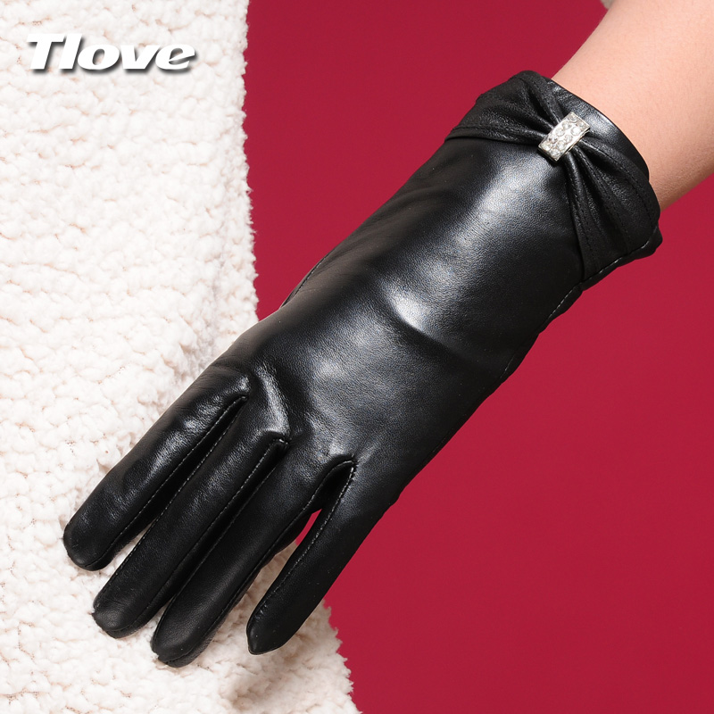 Tlove genuine leather gloves female winter thermal diamond sheepskin gloves women's fashion thickening fleece lined