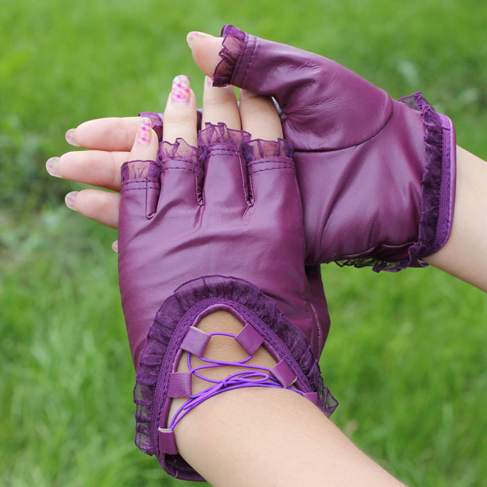 Tlove semi-finger gloves female winter lucy refers to sheepskin genuine leather women's non-mainstream gloves lace short