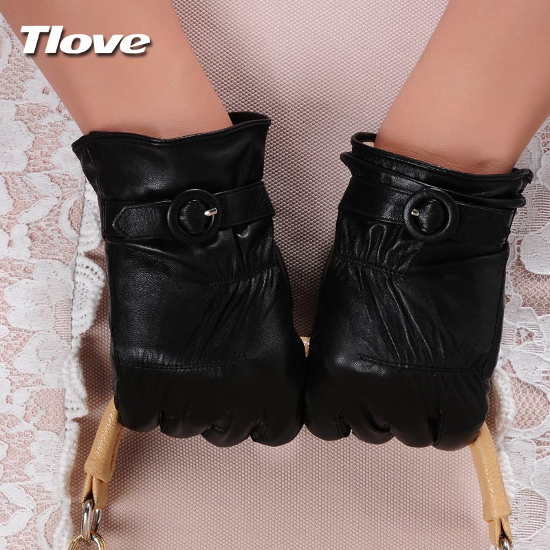 Tlove winter thermal women's genuine leather gloves Women sheepskin gloves driving gloves leather buckle on