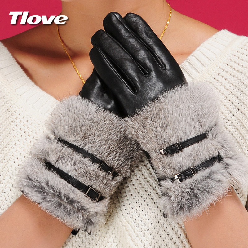 Tlove women's genuine leather gloves rabbit fur sheepskin gloves women's thickening velvet silk autumn and winter