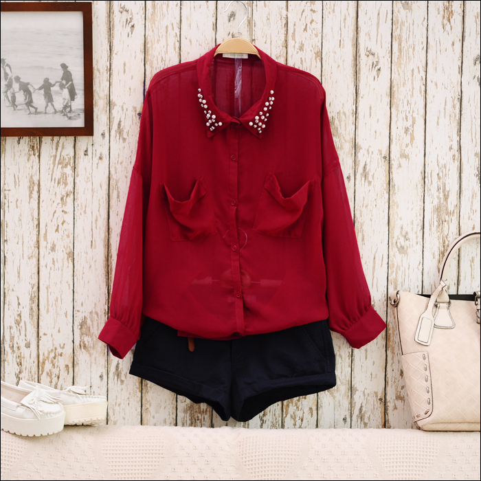 Top Blouses S2779   beading casual bat female sun protection clothing long-sleeve chiffon shirt 1 SY299