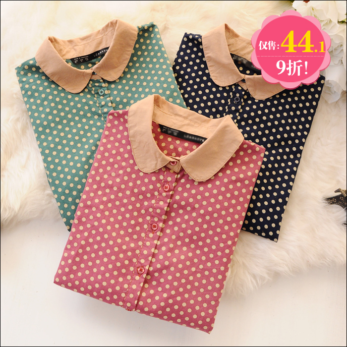 Top Blouses S5640   sweet loose peter pan collar polka dot women's long-sleeve shirt SY299