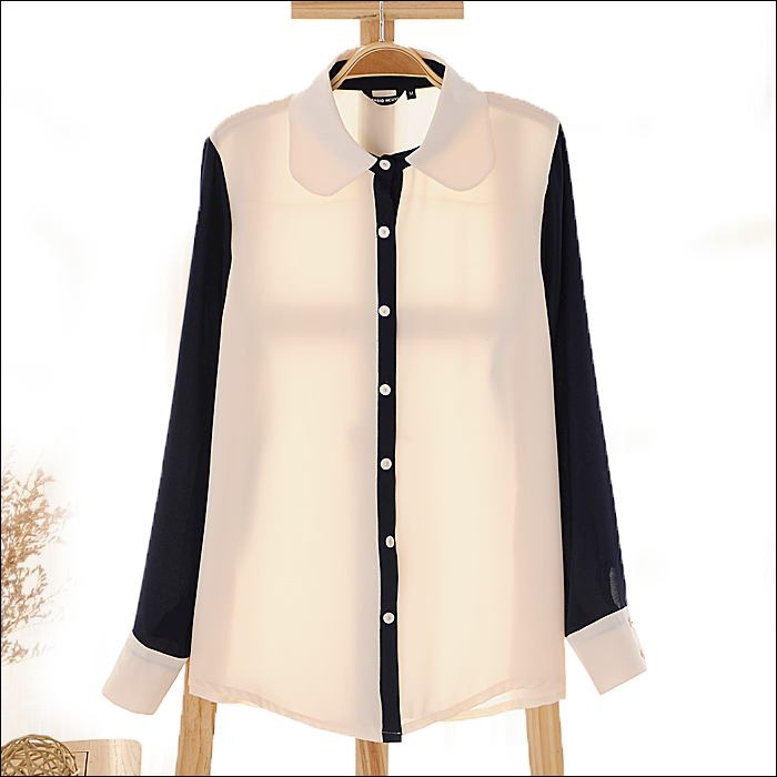 Top Blouses S5703   gentlewomen peter pan collar colorant match chiffon long-sleeve shirt female SY299