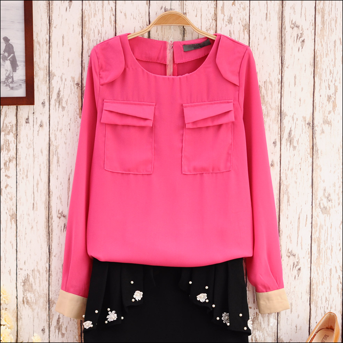 Top Blouses S5785   slim o-neck solid color zipper pocket long-sleeve chiffon shirt female SY299