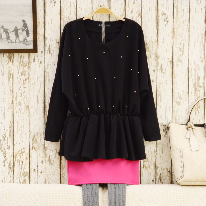 Top Blouses S5794   o-neck handmade beaded elastic waist batwing sleeve chiffon shirt female SY299