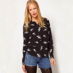 Top Brand Design Chiffon Blouses With Swallow Printing,Elegant T-shirts Long-sleeved Free Shipping 2110902