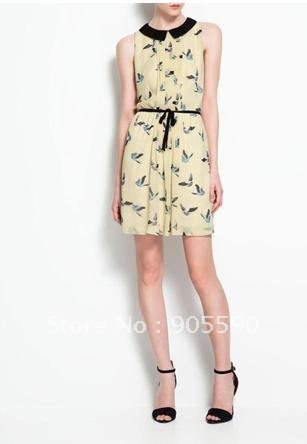 Top Celebrity  2012 Women Fashion Peter Pan Collar Cute Bird Prints Chiffon Dress