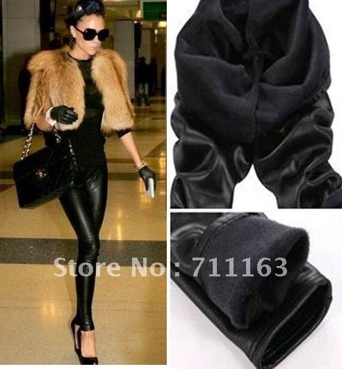 Top Fashion Hot pop Fleece Lined Thick Matt leather Sexy Leggings Fur winter Pants Tights Black Free Shipping