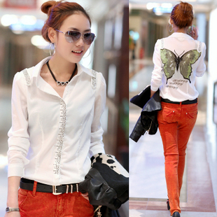 Top female summer fashion personality sweet women's trend shirt butterfly slim shirt clothes