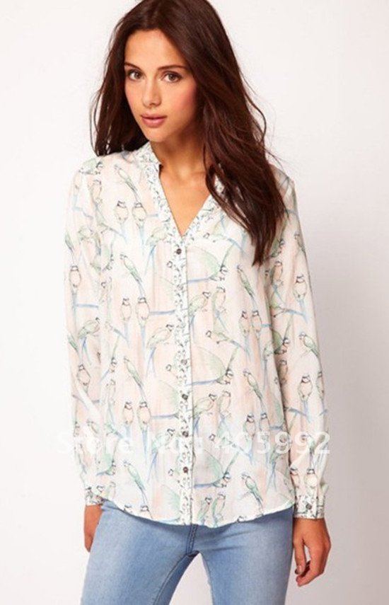 Top grade classic OL V-neck blouse in 3 sizes, high quality of chiffon&georgette,  Unique birds pattern prints, character,vogue