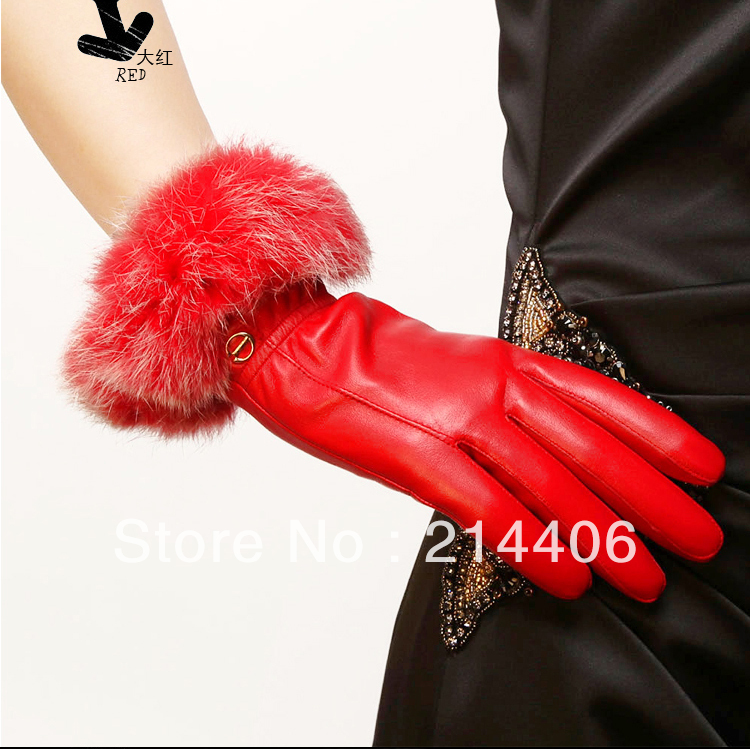 Top grade lady's winter fashion warm sexy sheepskin leather dress gloves cashmere linning with rabbit fur trim  red color