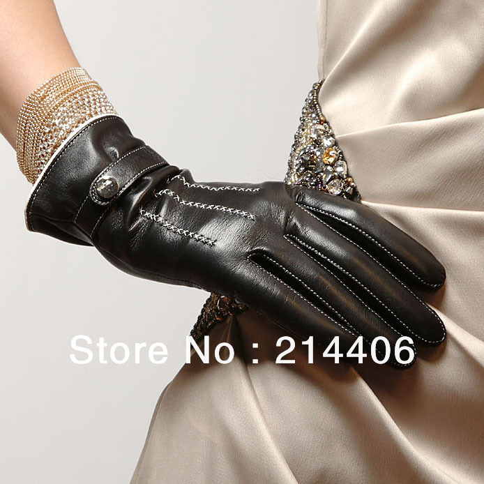 Top grade lady's winter import sheepskin leather dress gloves silk linning with botton