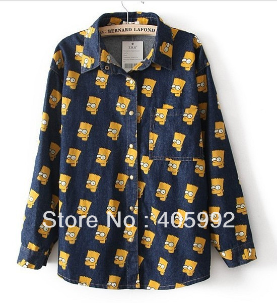 Top grade new arrival fashion cute blouse with cartoon prints in 2 colors,high quality of denim&cotton blends,fashion,classic