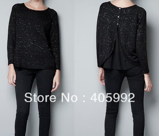 Top grade new arrival OL sequined sweater design in 3 colors, high quality of cotton blends&knitted, stretchable,soft handle