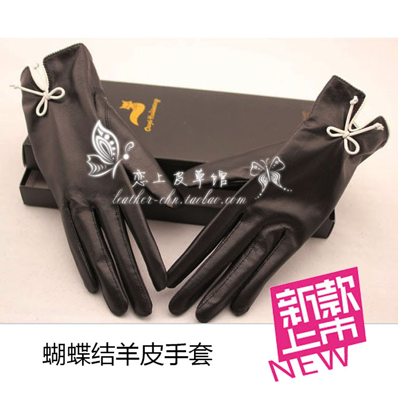 Top Grade Sheep Skin Genuine Leather with Bow-Tie Decoration British Style Women's/Female Finger Gloves Free Shipping ST17