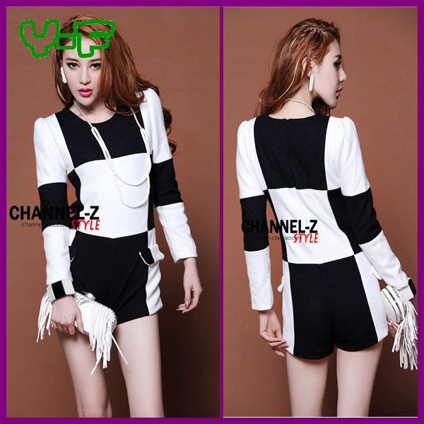 Top Quality Free Shipping Fashion White And Black Color Block Long-sleeve Woolen Jumpsuit,Sexy One Peice Pants