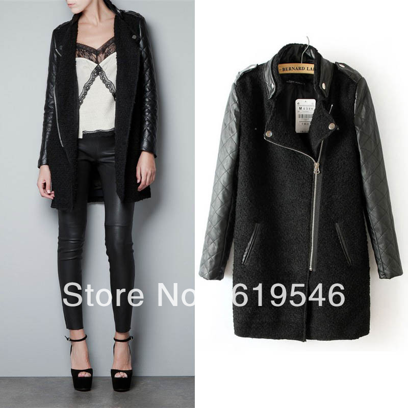 Top Quality Hot women's casual fashion PU leather sleeves stand-up collar coat jacket Free Shipping